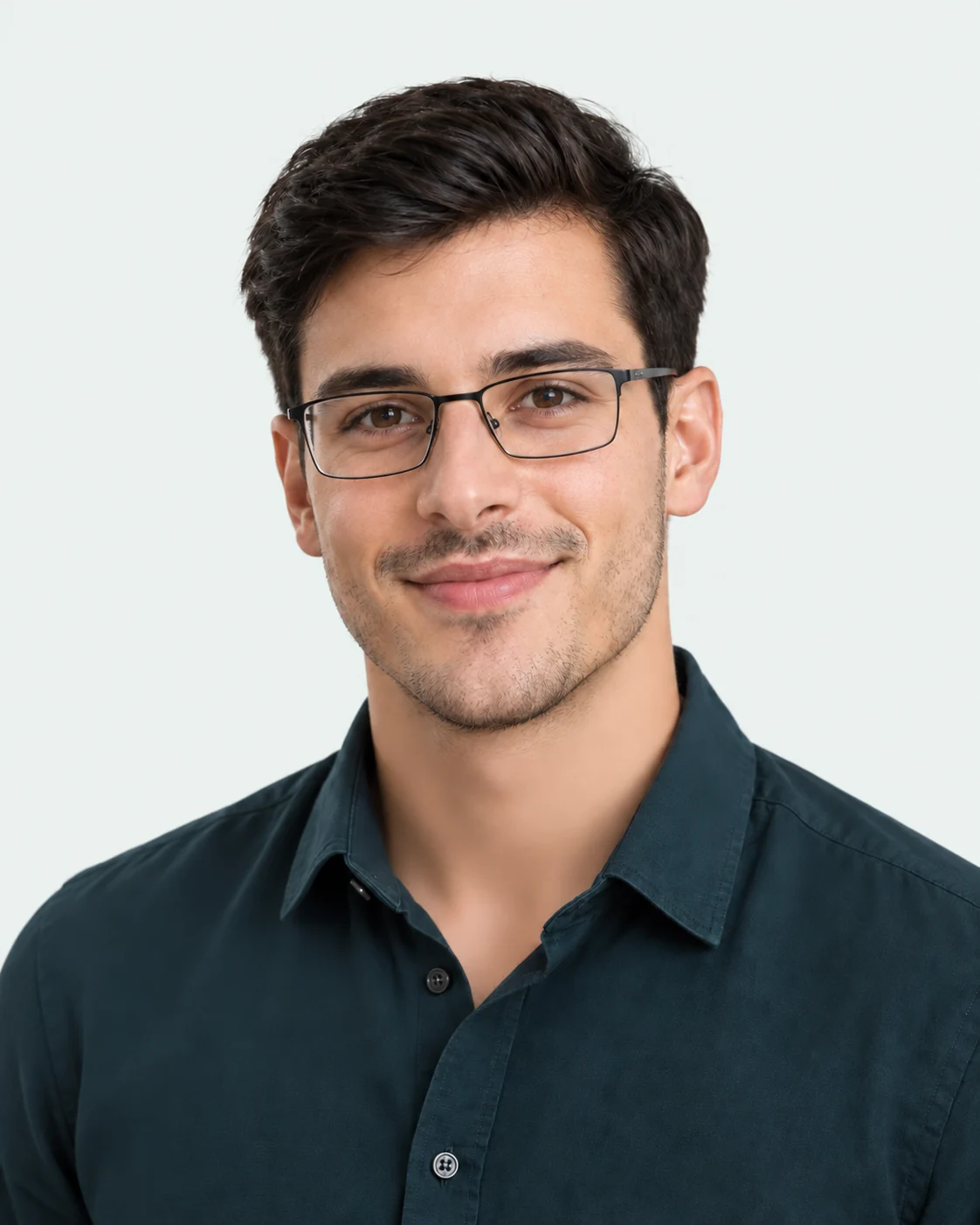 Illustratives Porträt für Mark: Mann mit dunklem Haar, Brille und leichtem Bart.