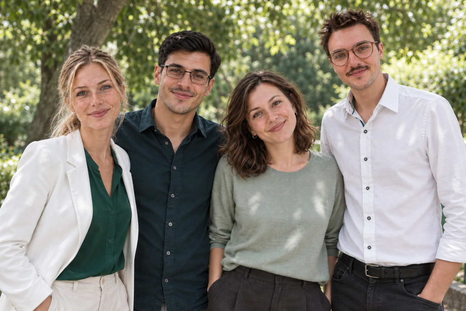 KI-generierte Darstellung des vierköpfigen Klarraum-Teams im Grünen.